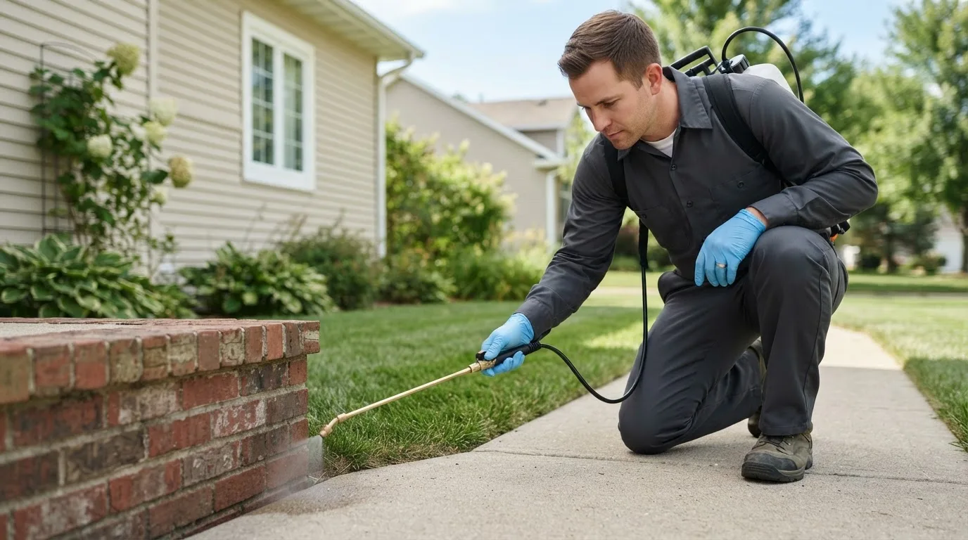 Pest control technician treating a home near South Royalton, VT